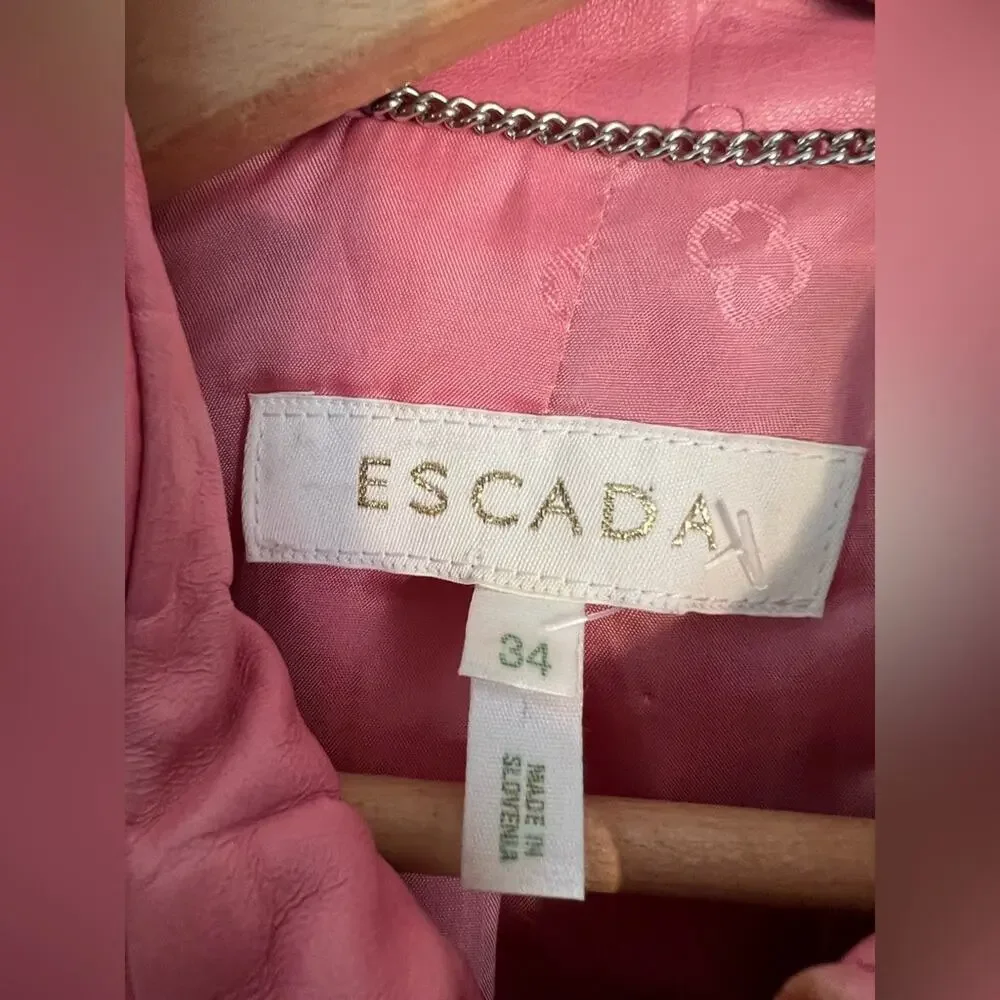 Escada 2/4 vintage RARE pink lamb leather skirt suit jacket set fall unique